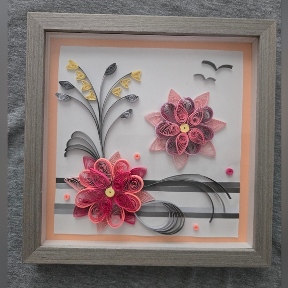 Framed Quilling Art with Pink and Gray Flowers